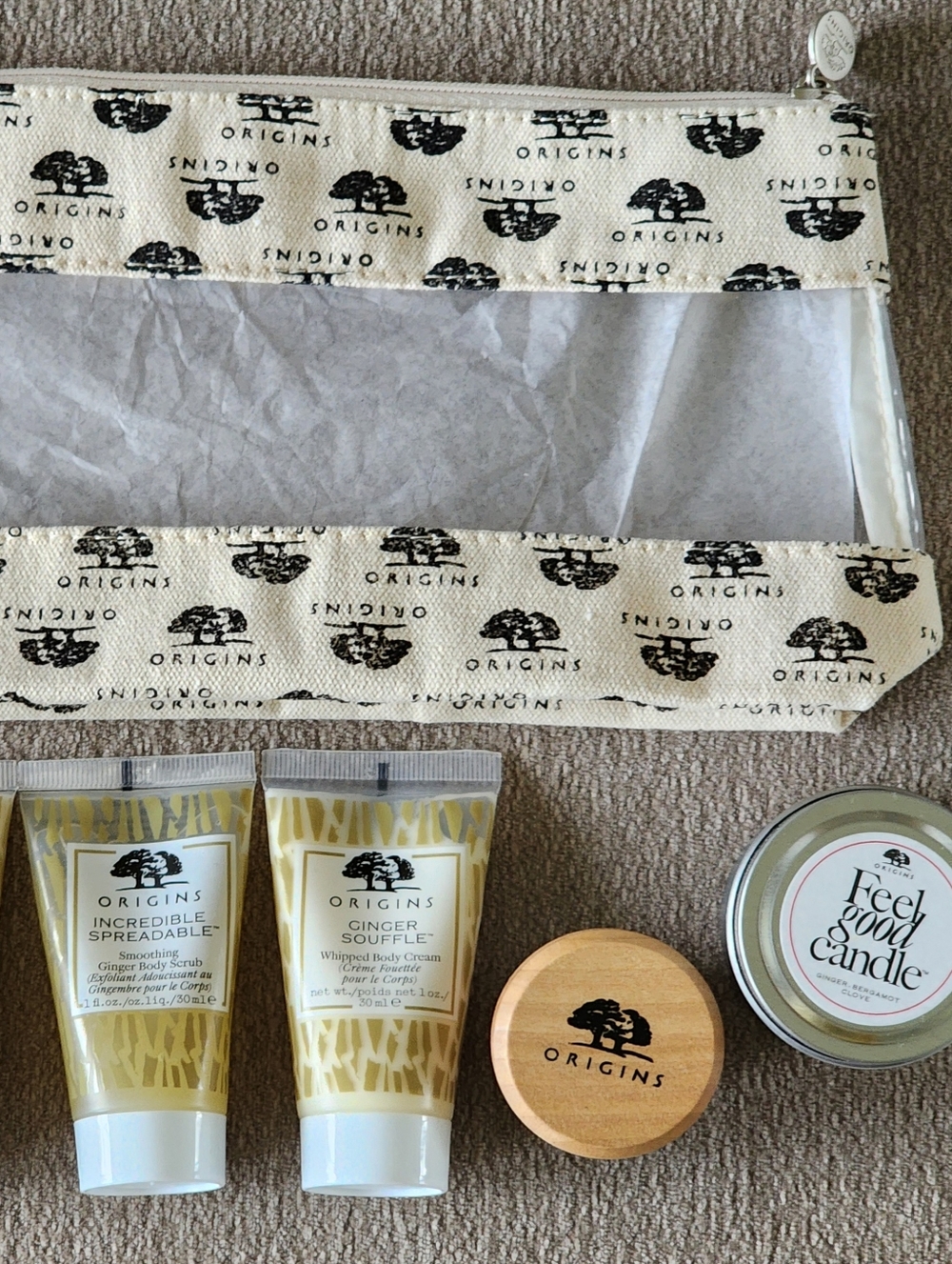 New Origins Ginger Set Shower Gel, Body Scrub, Body Cream, Brush, Candle, Bag